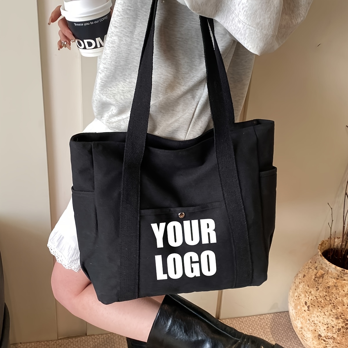 TEMU Customizable Name/id/photo Tote Bag For Women, Canvas Material With Multiple Pockets, Zipper Closure, Durable Material, Shoulder Or Hand Carry.