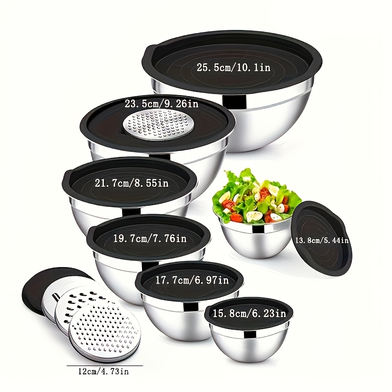 7pcs set of stainless steel mixed bowls with black sealed lid   flossing accessories   bowls for kitchen baking service cooking basin dishwashing basin fruit bowl noodle bowl dishwasher safe home kitchen supplies details 1