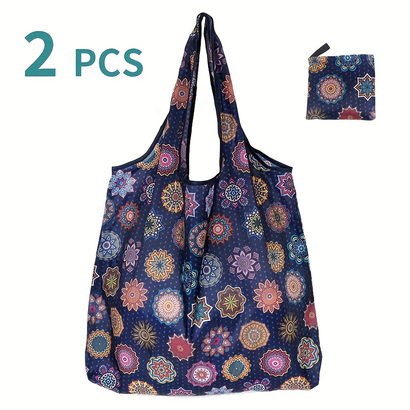 Image of Set Of 2 Durable Reusable Shopping Bags - Foldable, Washable Polyester Bags With Shoulder Straps, Spacious Tote, Ideal For Travel, Picnics, And Outdoor Use