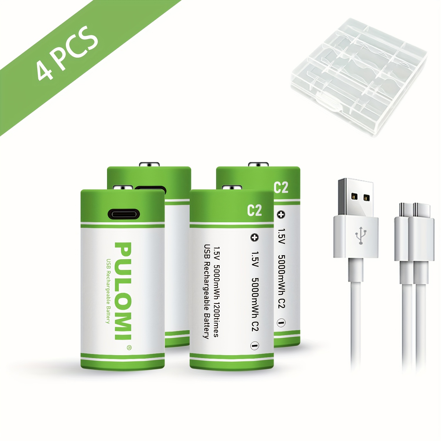 TEMU 4pcs Pulomi C Battery - High Capacity 1.5v 3300mah Rechargeable Lithium Batteries With Usb/type-c Port, Fast 2.5 Hour Charge, 1200 Cycle Life,