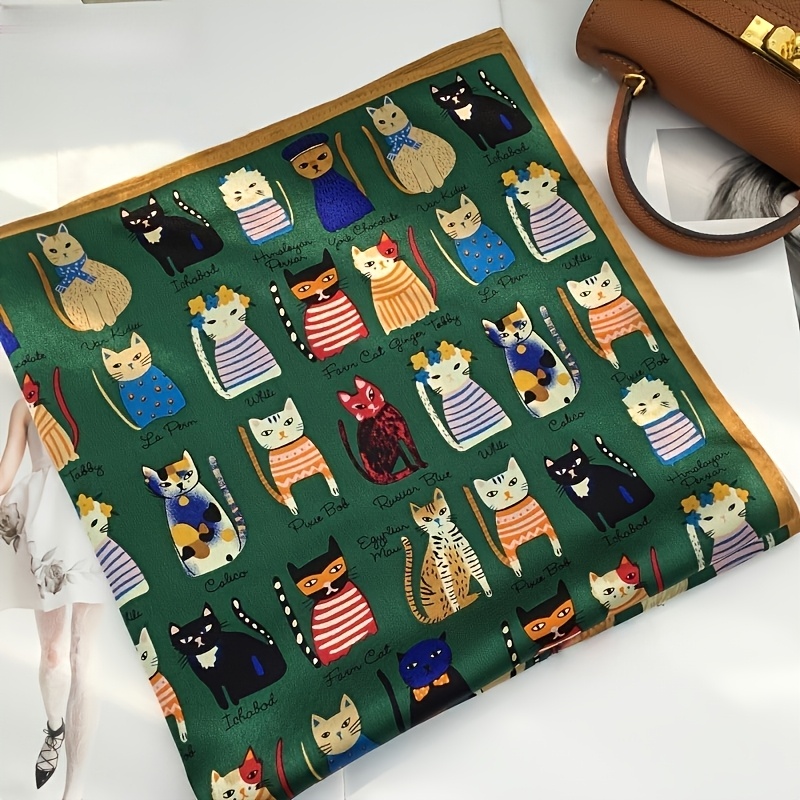 TEMU This Scarf Features A Moss With A Print Of Of Cartoon Cats Wearing Different Outfits, Each With Unique Styles And , Perfectly Blending Charm And