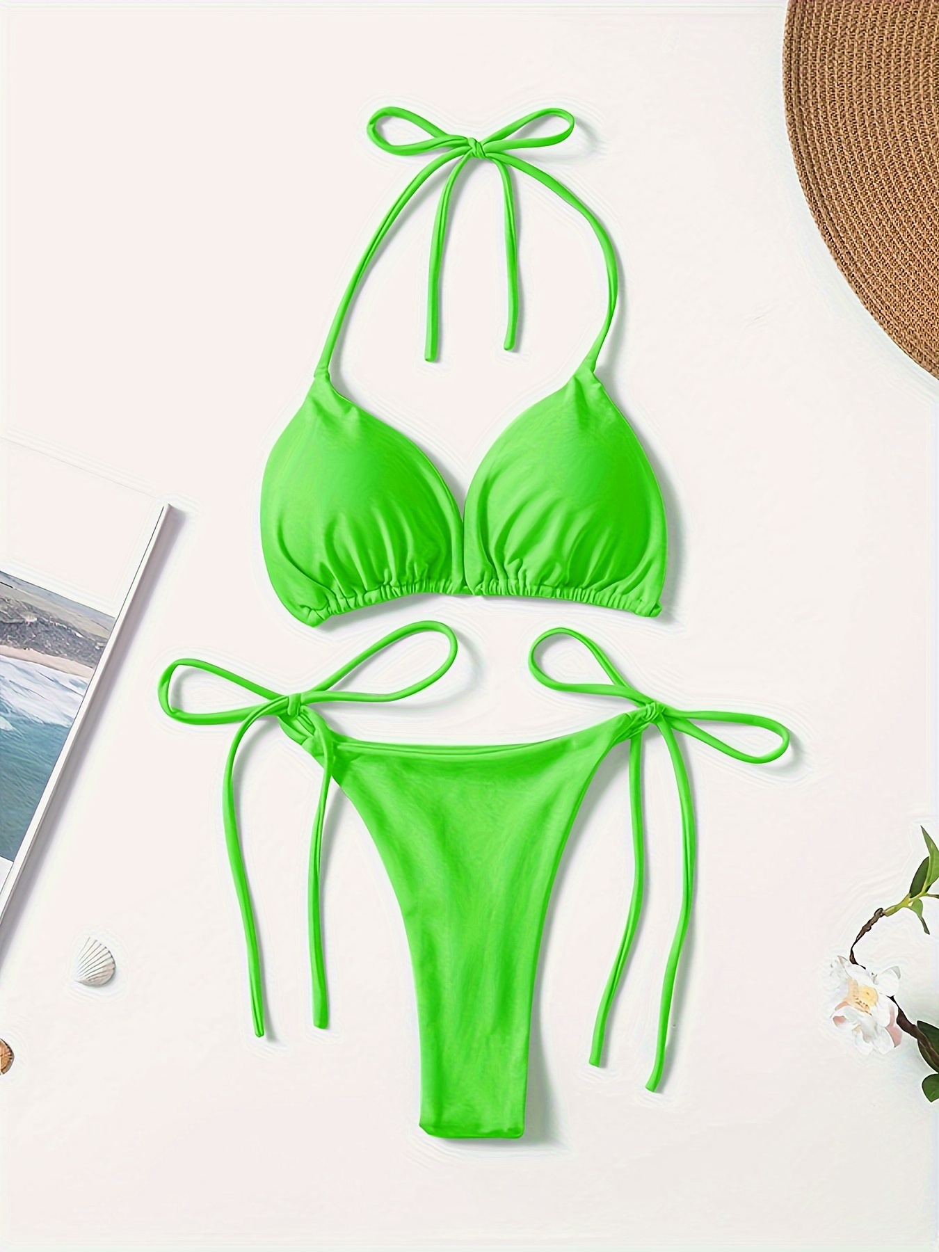 Plain Neon Halter Tie Strap Backless Piece Set Bikini Swimsuits,  Women's Swimwear Clothing