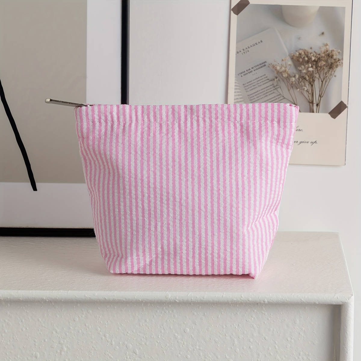 TEMU 1 trousse de Cosmétique en seersucker, 1 pochette de rangement cosmétique portative, trousse de toilette portable pour femmes, organisateur rayé