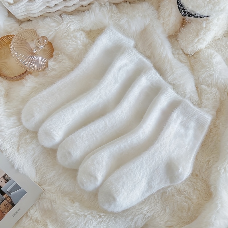 E-shop 5 Paar Winter Fleece-gefütterte, dicke, einfarbige, flauschige, mittelhohe Socken, weiße -Schlafsocken, weich, bequem, warm, einfach, vielseitig