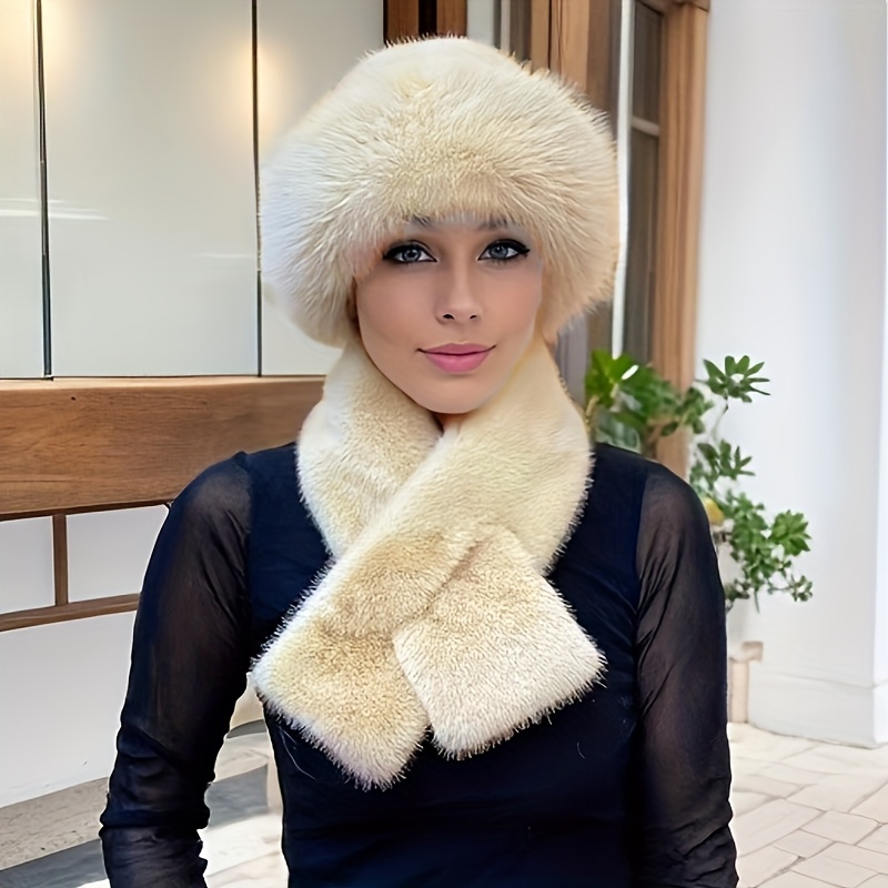 

2pcs Women's Fur Winter Set, Lightweight Polyester Knitted Hat And Scarf, Inelastic Furry Cap With Plush Lining, Fashionable , Machine Washable, Outfit