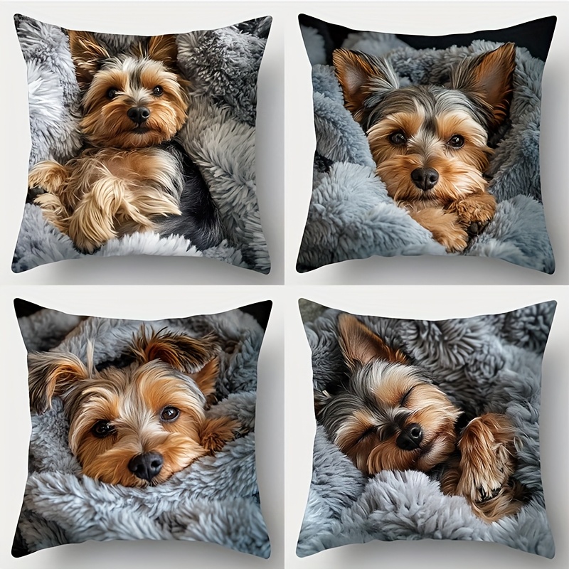 TEMU A Set Of 4, Printed Pillowcases, Yorkshire Terrier Dog Pattern, Puppies In Different Poses, Lying Down Or . Cushions Are Suitable For Pet Lovers