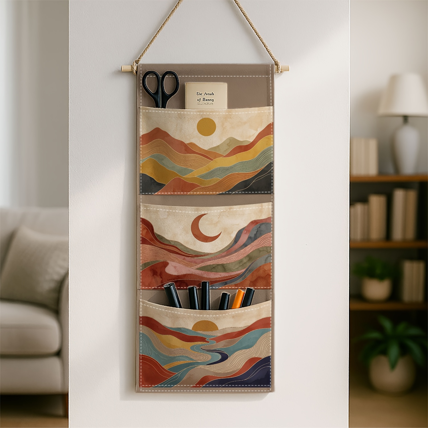 TEMU 1pc Minimalist Boho Abstract Wall-mounted Storage Bag Sun Multi-tier Fabric Hanging Organizer With Space-saving Suitable For Living Room,