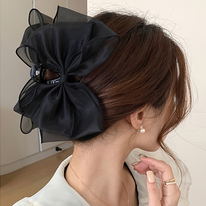 

1pc Solid Color Elegant Mesh Bowknot Decorative Hair Claw Clip Trendy Non Slip Hair Grab Clip For Women And Daily Use