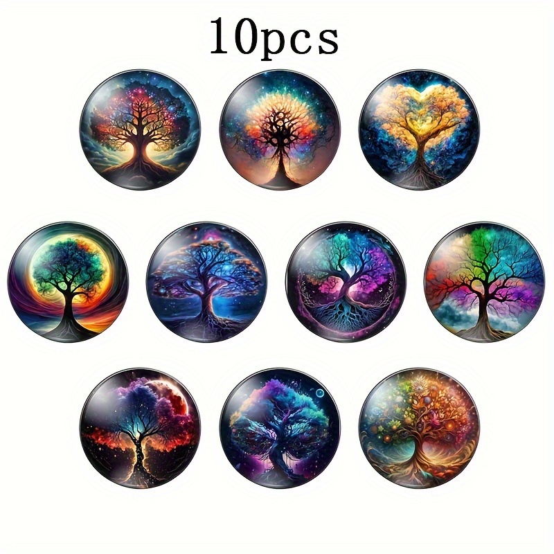 

10pcs Cabochons en Verre Arbre de Vie, 25mm Ronds à Dos Plat pour la Fabrication de Bijoux, Design Coloré pour Accessoires de Bijouterie