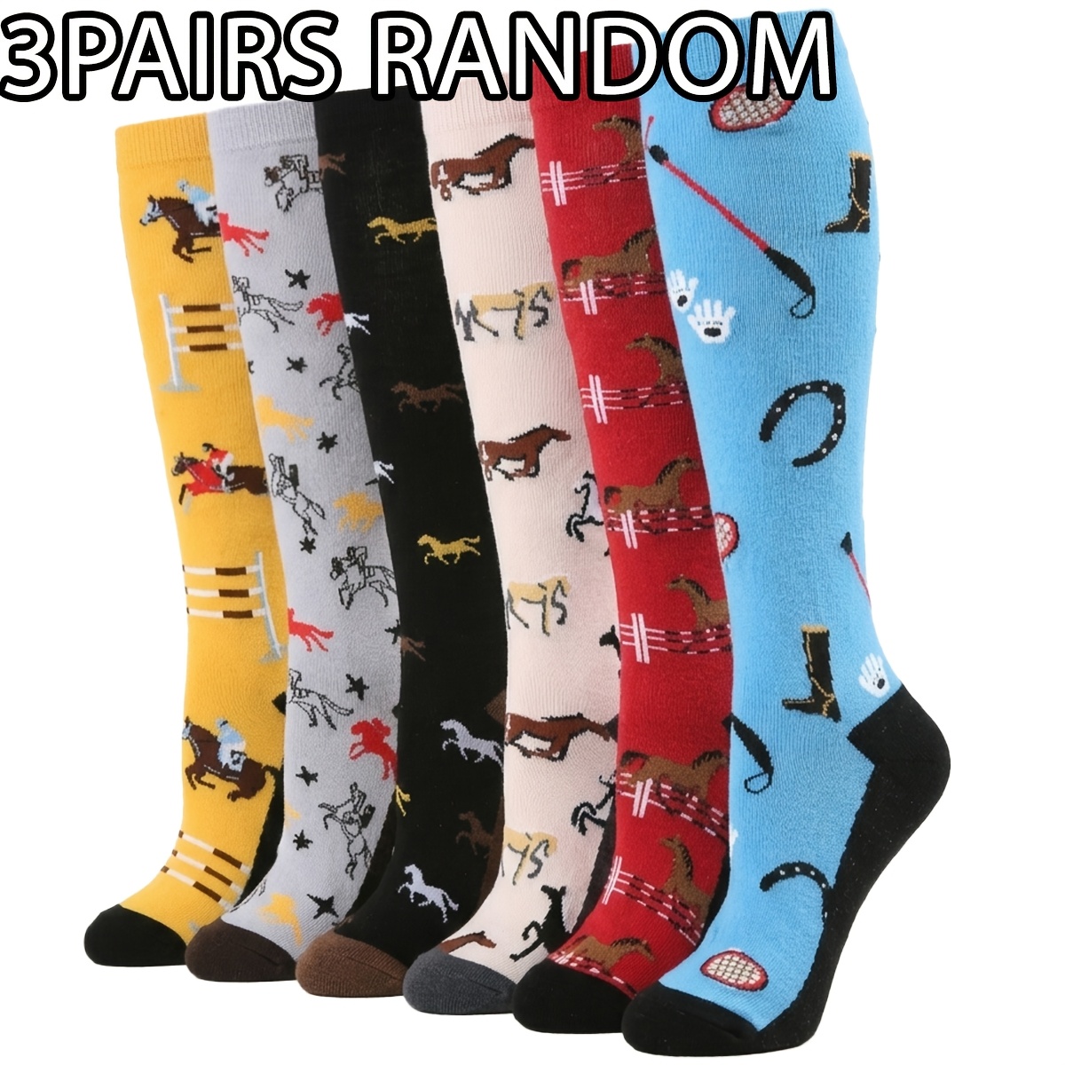 TEMU Lot de 1/3 paires de chaussettes d'équitation unisexes à blocs de couleur, tissu à motif de sports équestres, chaussettes , adaptées aux cadeaux