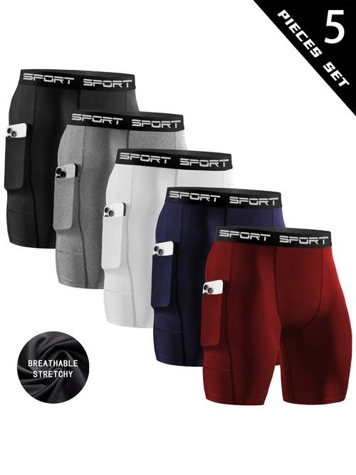 5 mens fitness shorts with pockets sports running pants high elastic quick drying basketball training tight compression pants