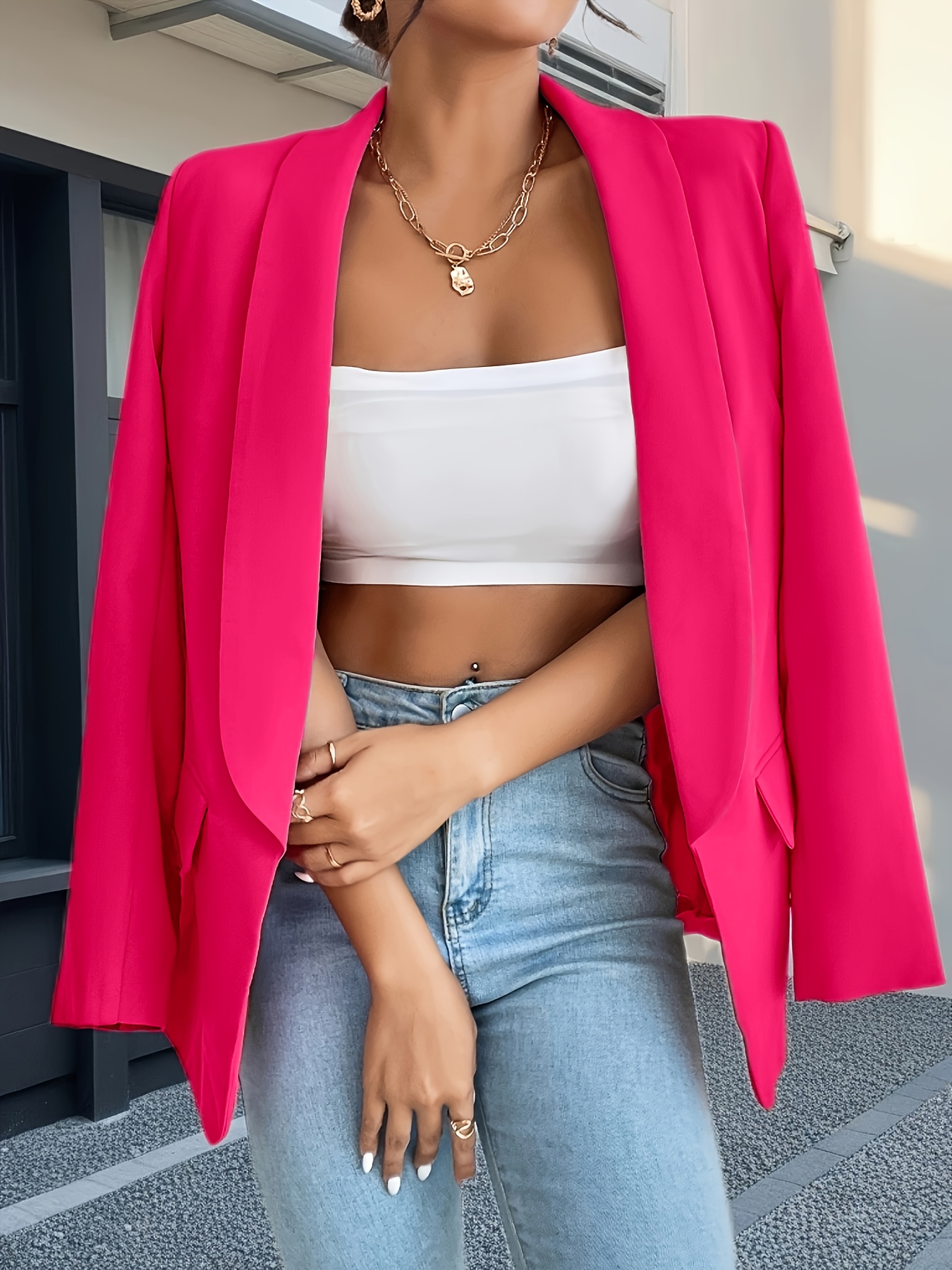 Women'S Bright Pink Blazer with Golden Chain Shoulder Bag - Casual Long Sleeve, Polyester, Buttonless Placket, All-Season Jacket, Casual Attire|Bold Fashion Statement|Polyester Blazer