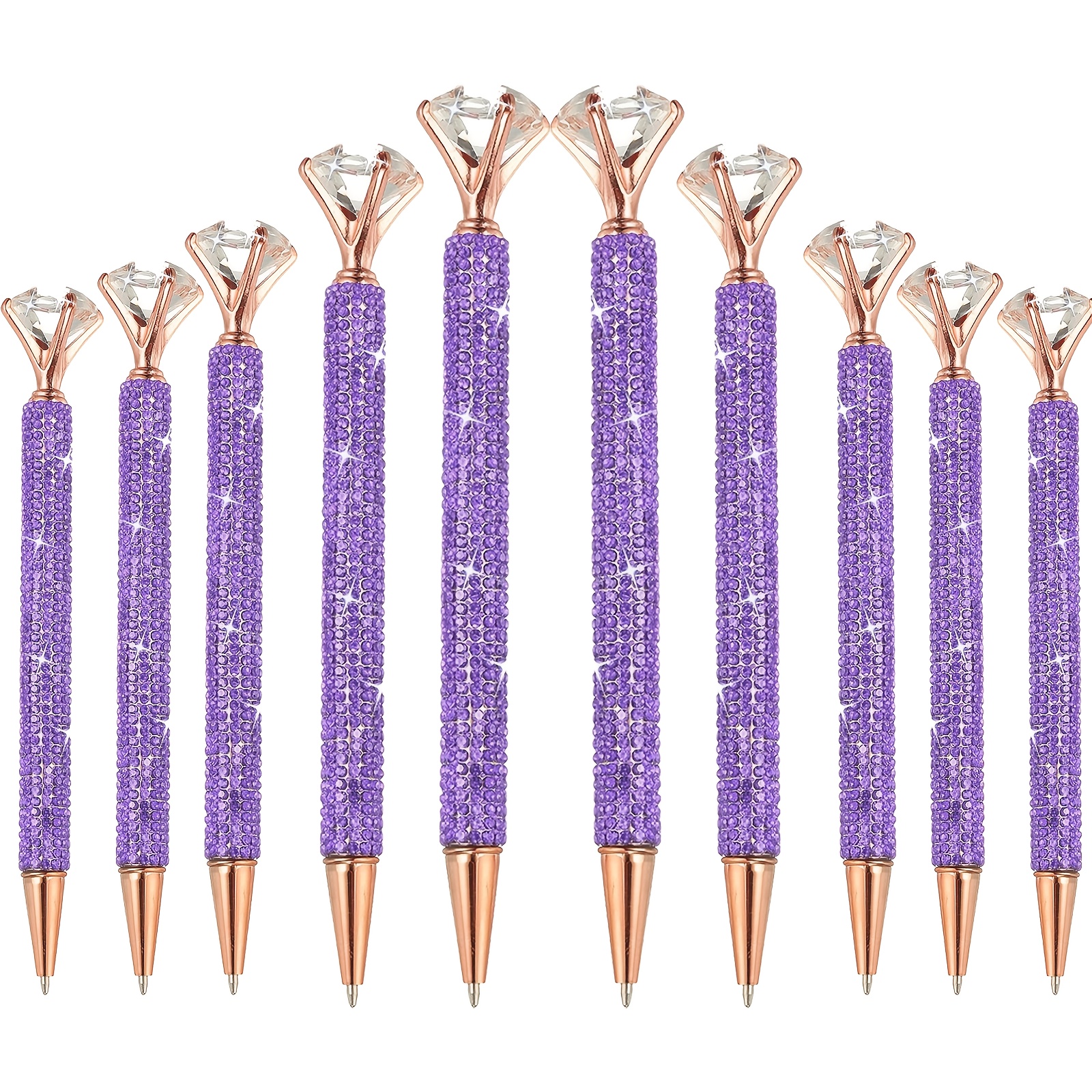 TEMU 10pcs Crystal Twist Metal Pen, Sparkling, 1.0mm Medium Retractable Nib, Black Ink, For Note-taking, Light Purple