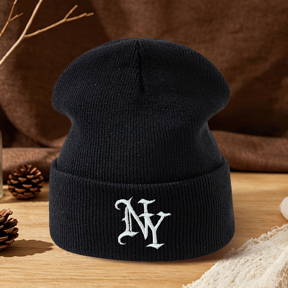 TEMU 1pc Curved Ny Embroidered Knit Beanie Autumn Winter Soft Comfortable -proof Knit Hat Outdoor Casual Sports Running Mountaineering Camping Skiing