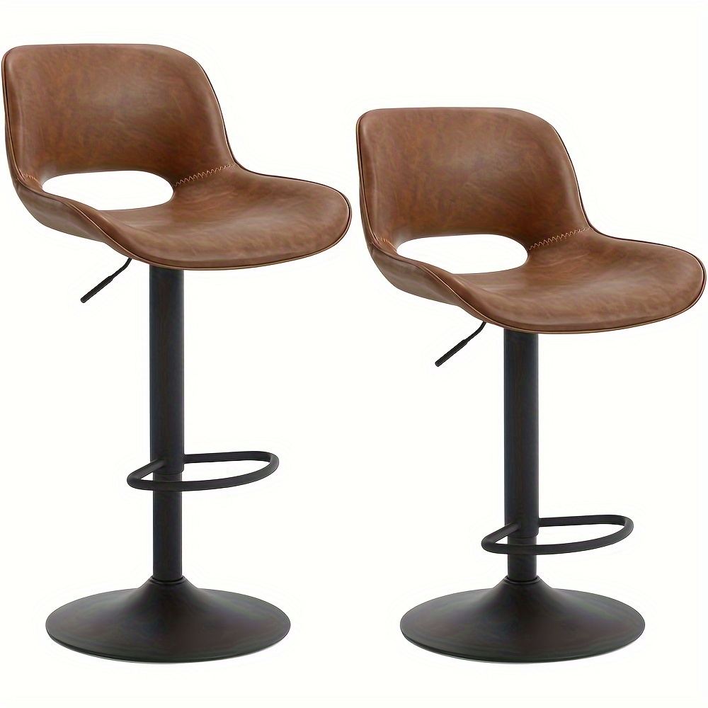 Image of 2pcs Height-adjustable Bar Stool, Swivel Bar Stool, Modern, Leather Chair, Bistro Chair, Swivel Stool With Backrest Footrest, Metal