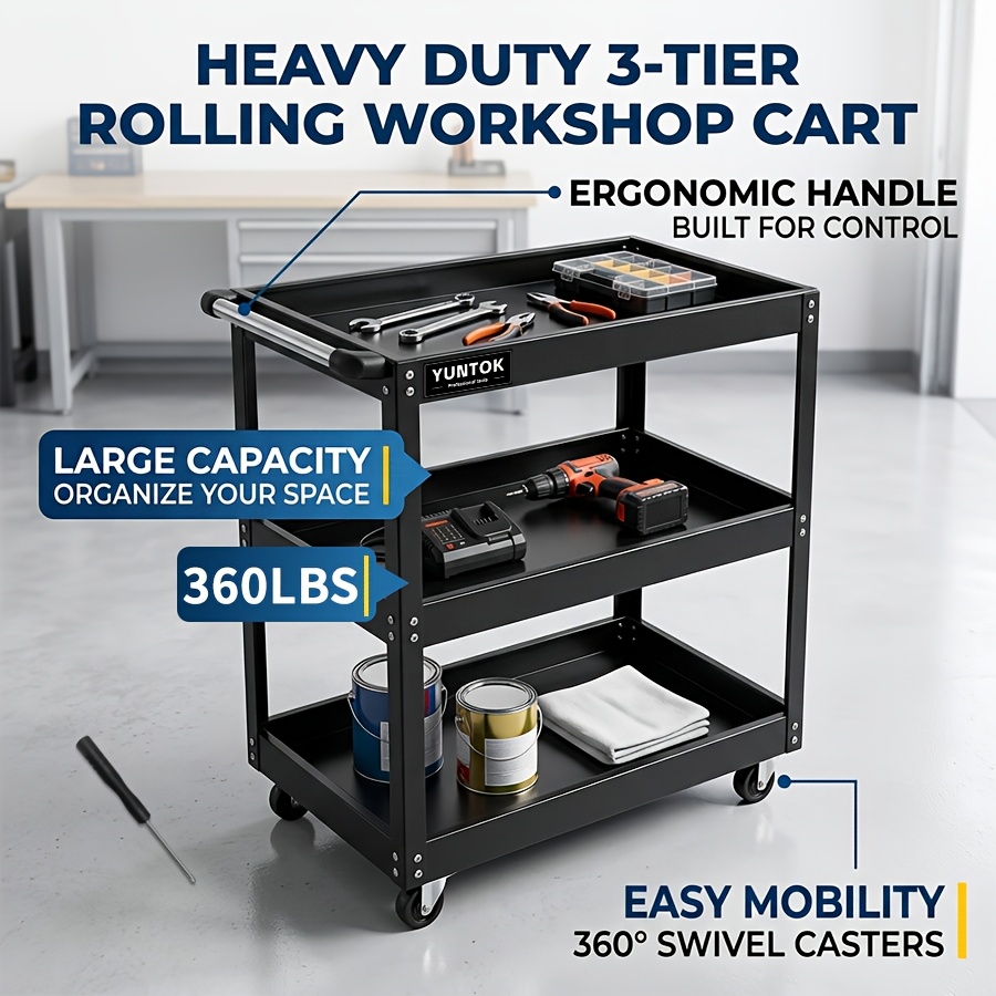 TEMU Yuntok Heavy-duty 360-pound Capacity Three-tier Rolling Work Cart, With -rolling Base, Sturdy Frame And Top Handle, Suitable For Storage In