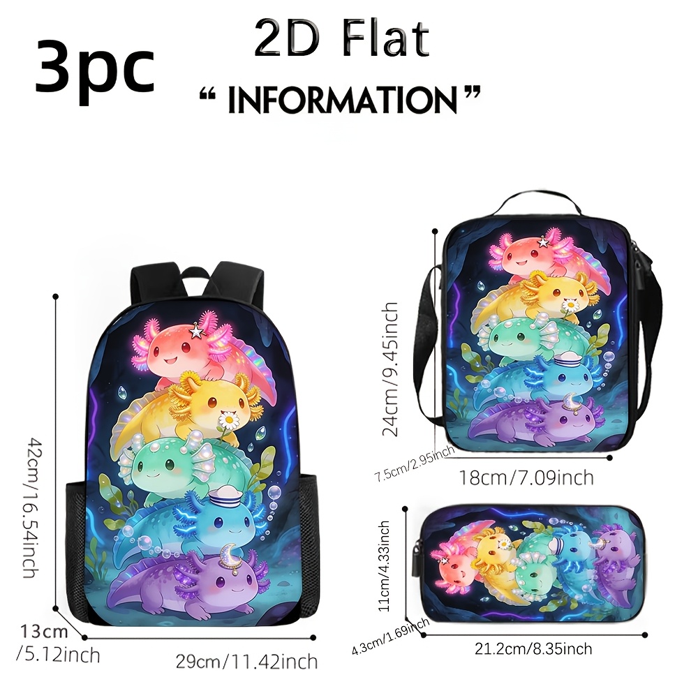 TEMU Ensemble de 3 sacs à dos avec impression 2D plate d'axolotl de dessin empilé, et coloré, adapté à l' scolaire et aux activités de