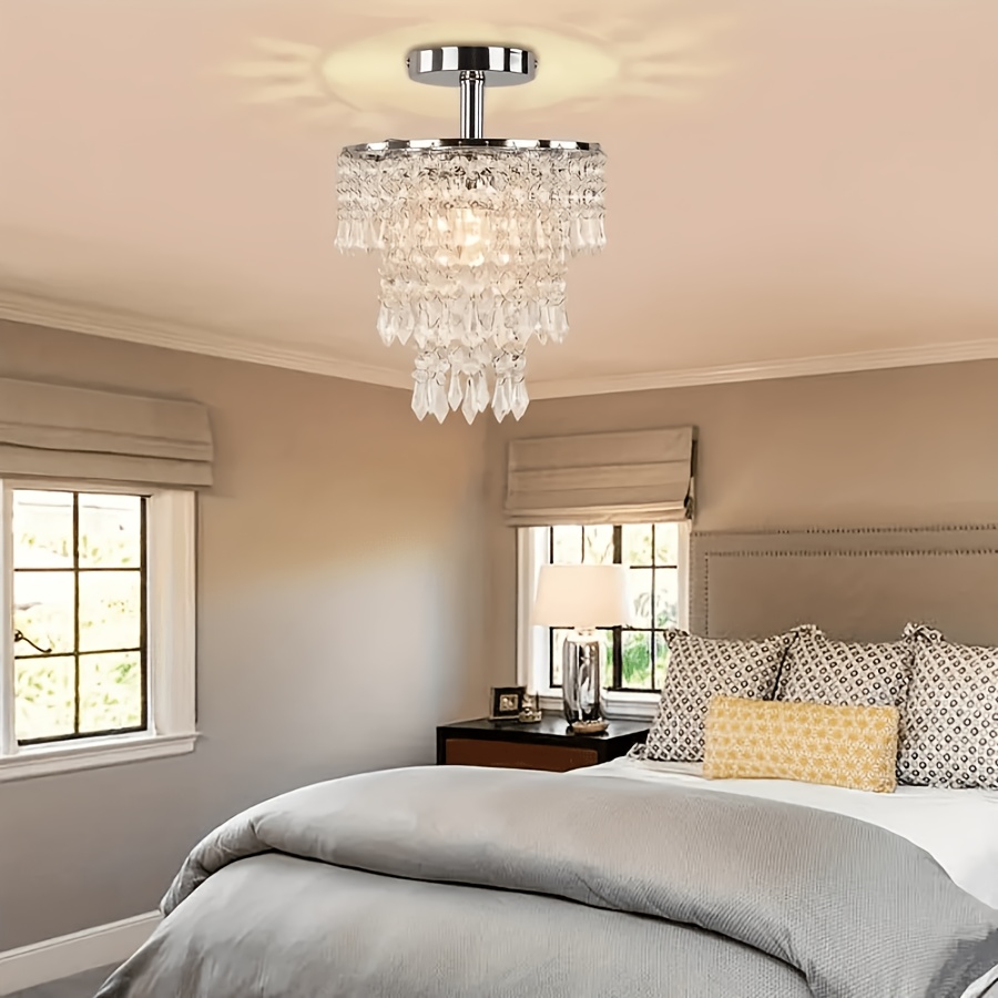 Elegant 1pc Modern Mini Crystal Chandelier - 3-Tier Raindrop Design, Adjustable Metal Ceiling Light for Bedroom, Living Room, Hallway - Semi-Flush Mount, for Switch Control, Crystal Embellished (Light Source Not Included), Ceiling Light for Living Room