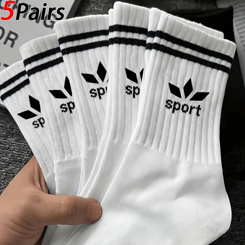 TEMU 5-pair Pack Women' & Men' Mid-calf Socks - Two-stripe Letter Print Breathable Athletic Socks Suitable For Sports, Gym, Casual Wear, , White