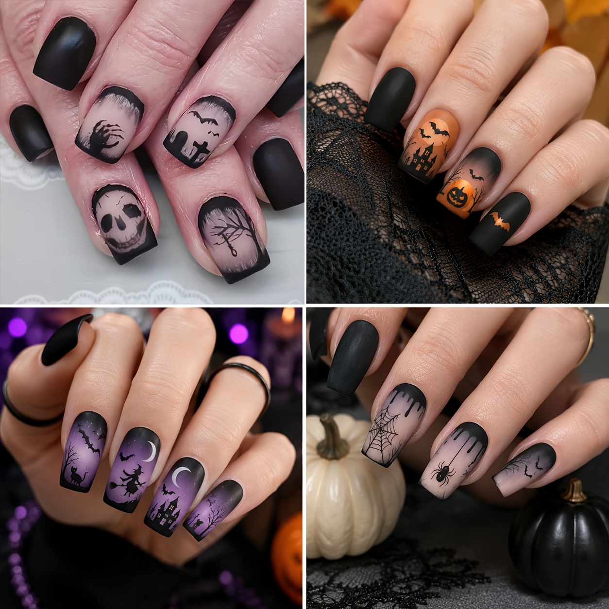 TEMU 96pcs Halloween Press-on Nails 4 Styles Matte Black Fake Nails Square Shape Web Bat Pumpkin Nail Art Reusable False Nails Gothic Party Manicure