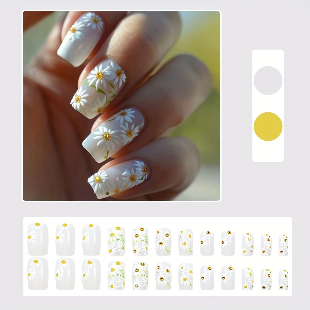 Set Of 24 Press-on Nails, White Floral Artificial Nails For Everyday Use And Weddings
