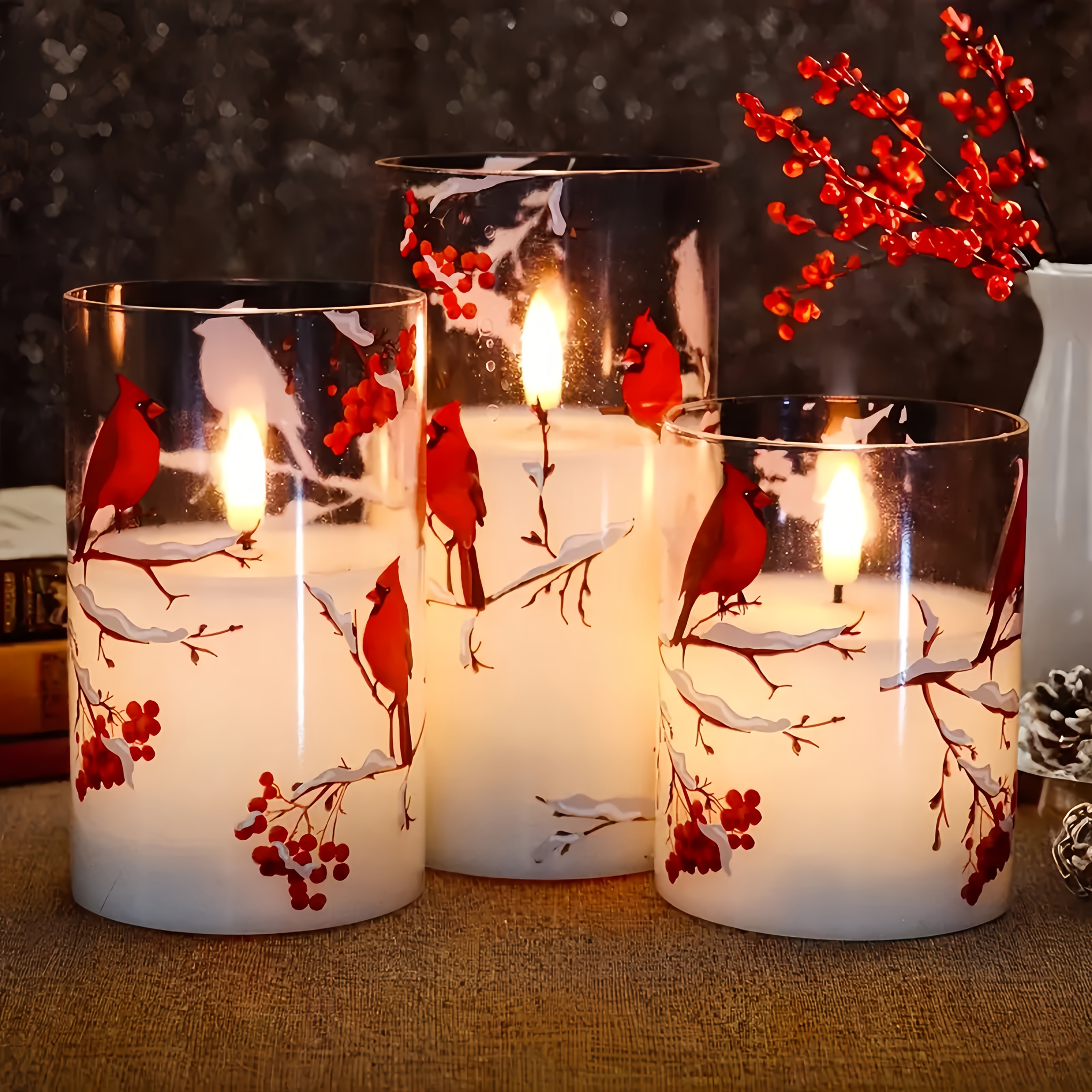 TEMU 3pcs Red Flameless Led Candles Set, Battery Operated (aa) With Flickering Flame, Single Wick Lighting, Plastic Round Container, Christmas Decor Gift