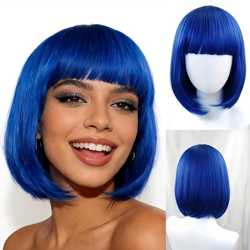 TEMU Women's Pebble Blue Fringe Bob Wig With Adjustable Breathable & Heat-resistant Synthetic Hair - Short -looking Suitable For, Role-play, Daily