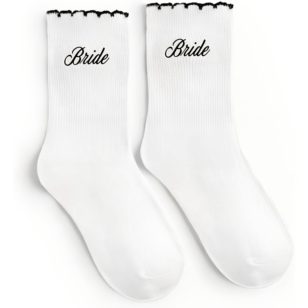 TEMU 1 Pair Bride Ruffle Socks | Bachelorette Party, Bridal Shower Gift, Bride To Be, Wedding, Engagement, White Socks, Black Embroidery, Girly