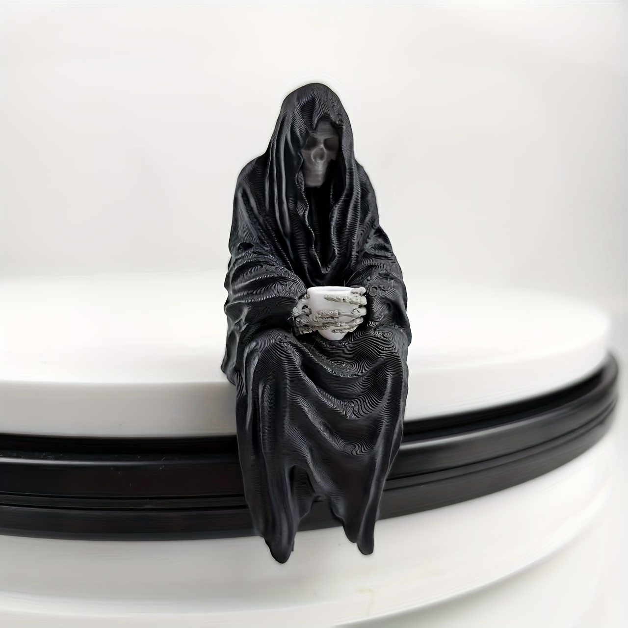 1/ 2pcs Reaper Figurine, Sitting , Holding A Cup, With A . A Cool Desktop Decoration Office Or Computer Case, And Makes For !