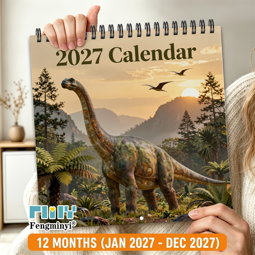 TEMU 2d Flat 2027 Dinosaur Calendar Large Spiral Desktop Calendar, 12-month Calendar With Writing Area And Date/month Labels, Suitable For Office,