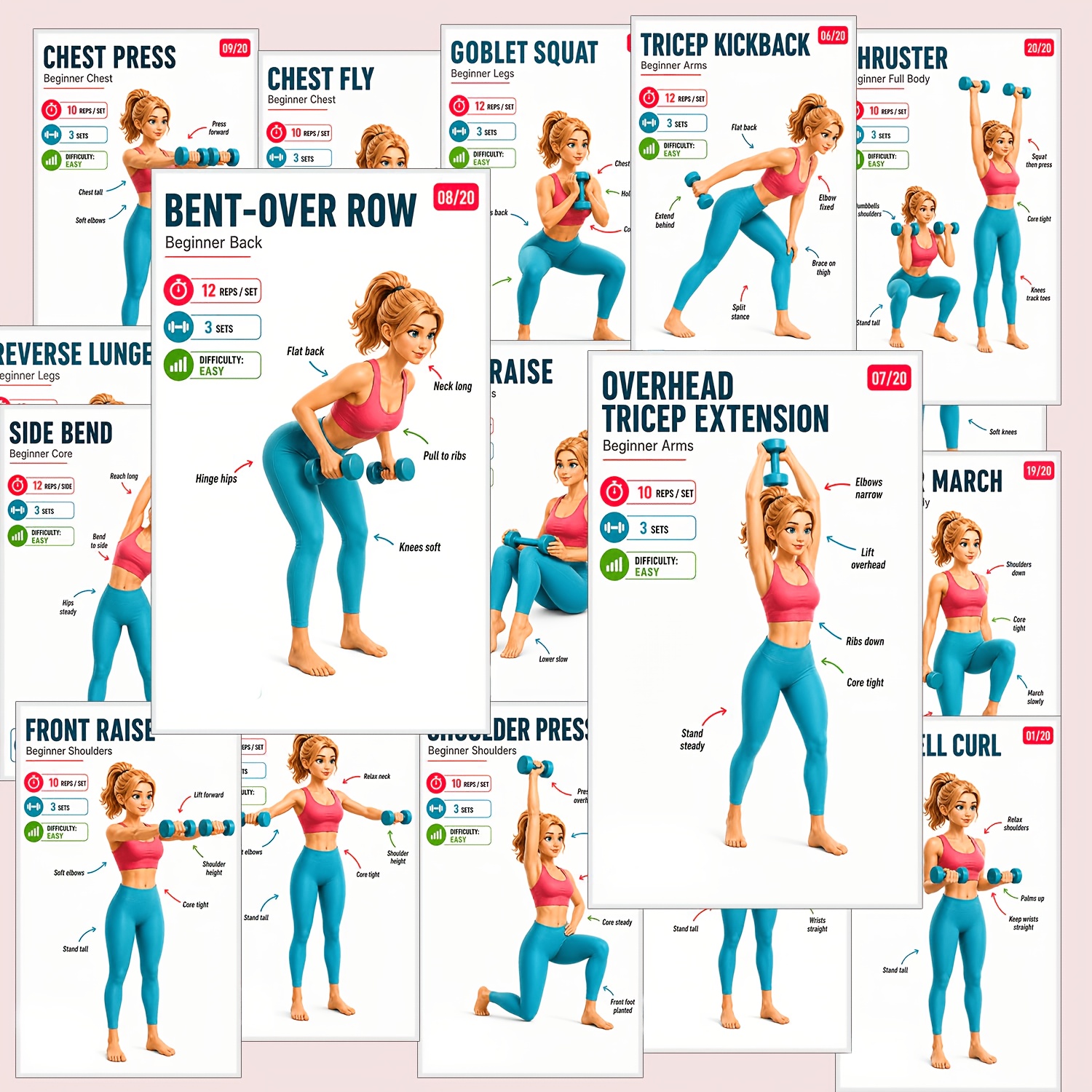 TEMU 20pz Carte da Allenamento con Manubri per Casa - Set Completo di Esercizi per Spalle Schiena e Gambe, Leggere e Durevoli, Ideali per Uso a Casa,