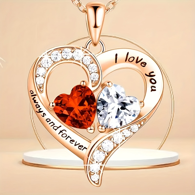 TEMU 1pc Elegant Love Heart Pendant Necklace With Red And Clear Stones Elegant Style For Party Banquet Christmas Gift