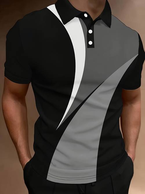 camisa de hombre con estampado geométrico de de color - manga corta casual, adecuada para golf y tenis, ropa para exteriores