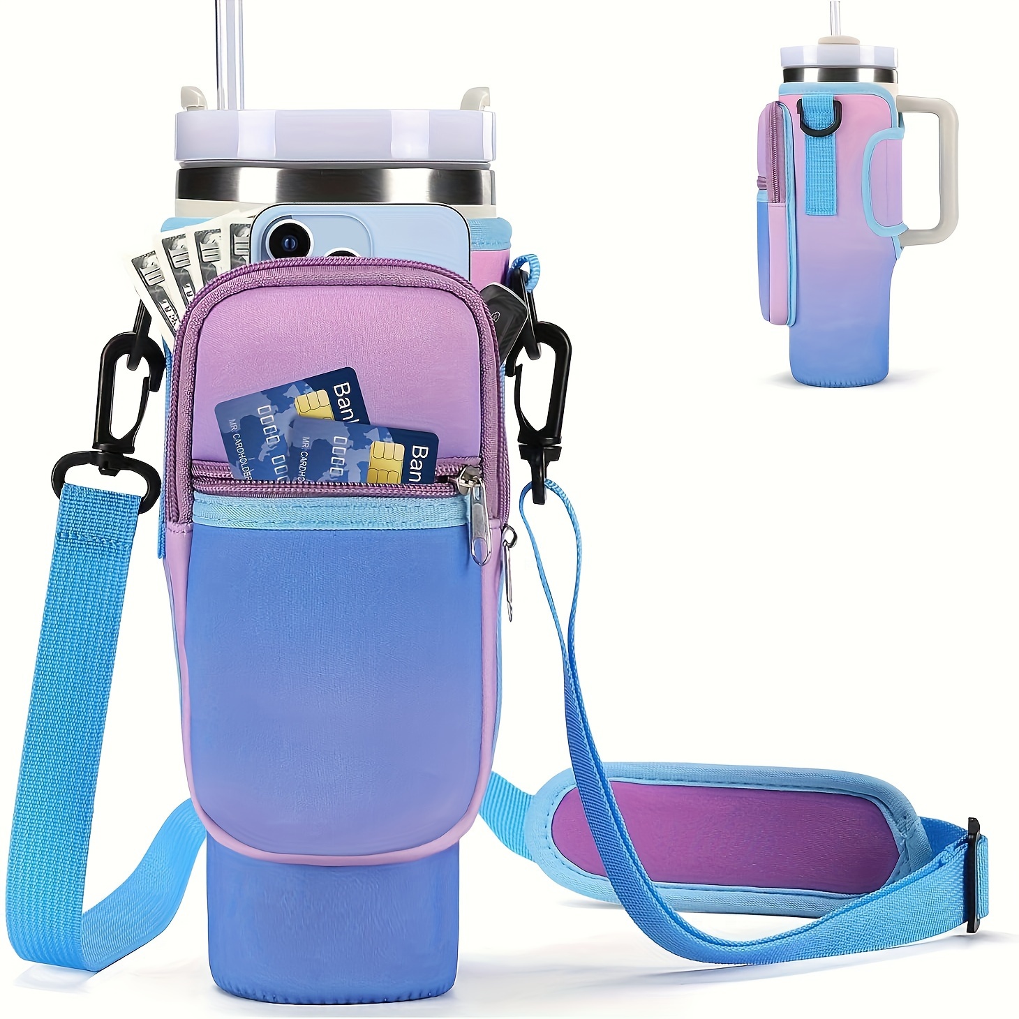 

1pc Water Bottle Carrier Bag With Phone Pocket For 40oz Tumbler, Water Bottle Holder With Strap, Cup Accessories