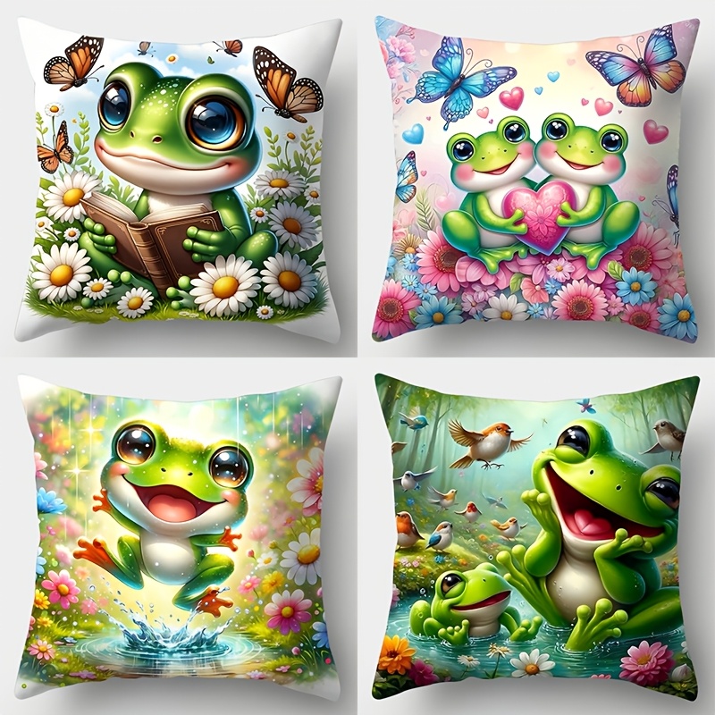 

Set Of 4 Contemporary Frog-themed Throw Pillow Covers, 17.7"x17.7", Polyester Decorative Cushion Cases, Woven Printed Design, With Zipper Closure, For Living Room, Hand Wash Only, No Insert