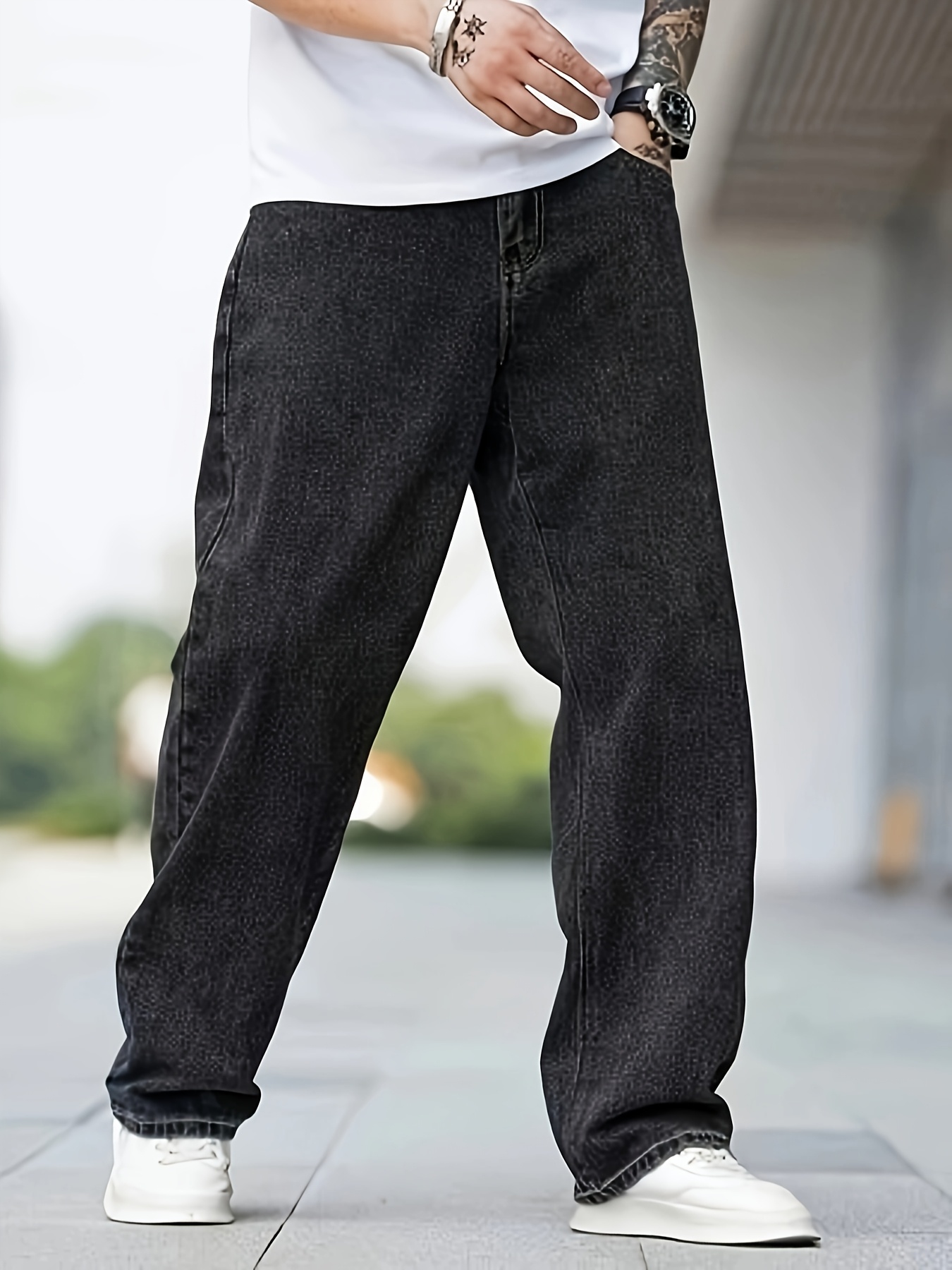 men's casual straight leg jeans trendy black denim white Temu