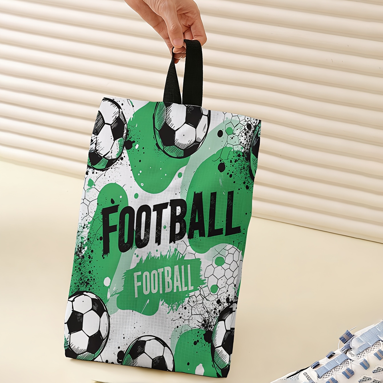 TEMU 1pc, Reusable Shoe Storage Bag With Green Football Pattern, Sturdy Zipper Shoe Bag, Large-capacity Multi-functional Hanging Packaging Bag,
