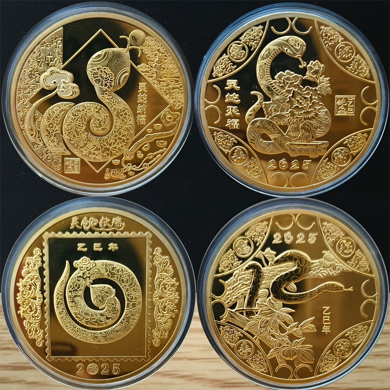 

4pcs Classic Iron Collectible Commemorative - 2025 Chinese Zodiac Snake Year Tokens, Round Animal Themed Birthday & Holiday Gifts