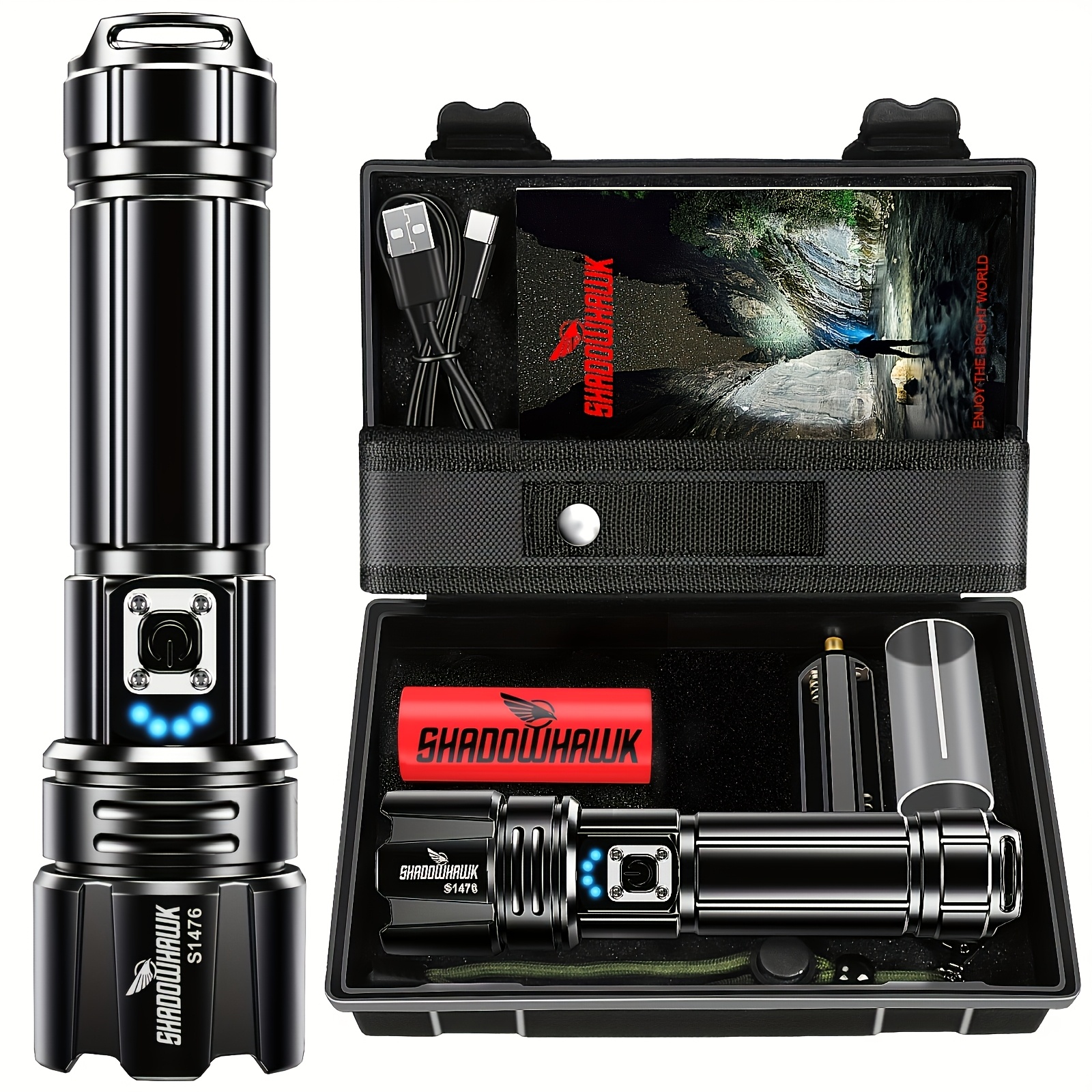 E-shop Shadowhawk 4500 Lumen USB Wiederaufladbare LED Taschenlampe, eine kompakte und extrem helle Zoom-Taschenlampe mit langer Reichweite und fünf ,