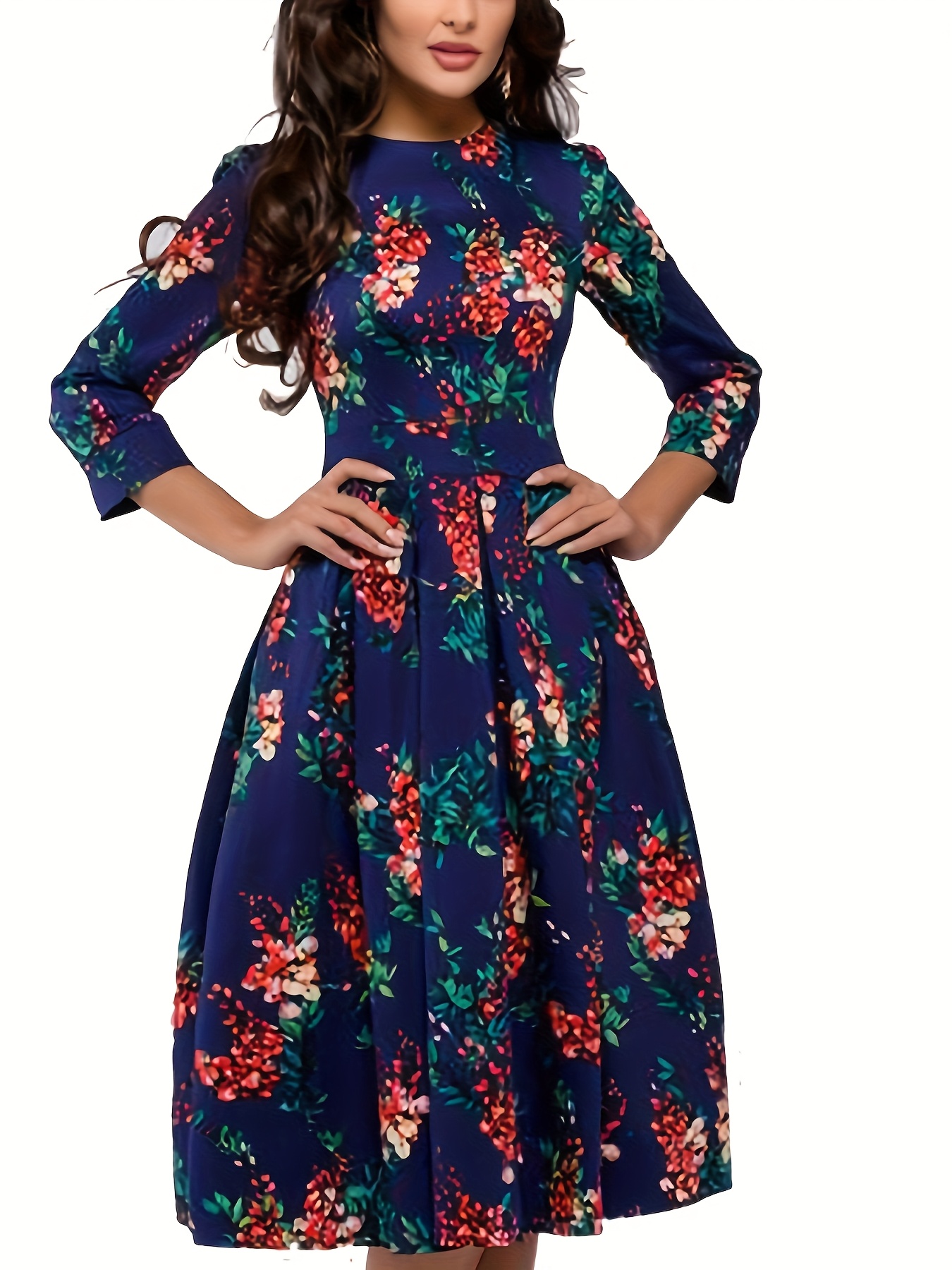 womens floral midi dress pockets ladies vintage elegant - Temu
