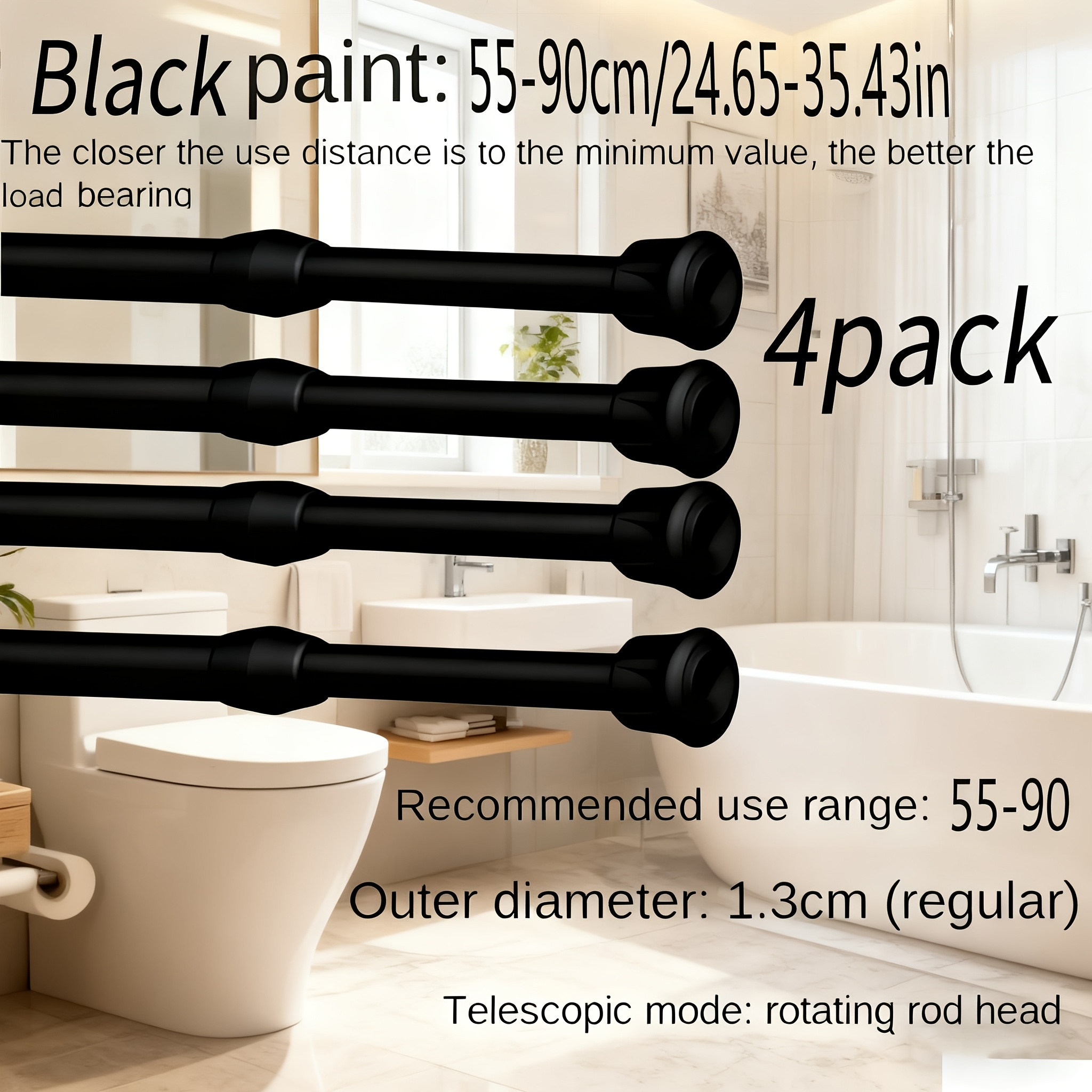 TEMU 4-pack Black Multi-functional Telescopic Shower Curtain Rod, Telescopic Rod, No-drill Installation, No Power Required, Extendable And