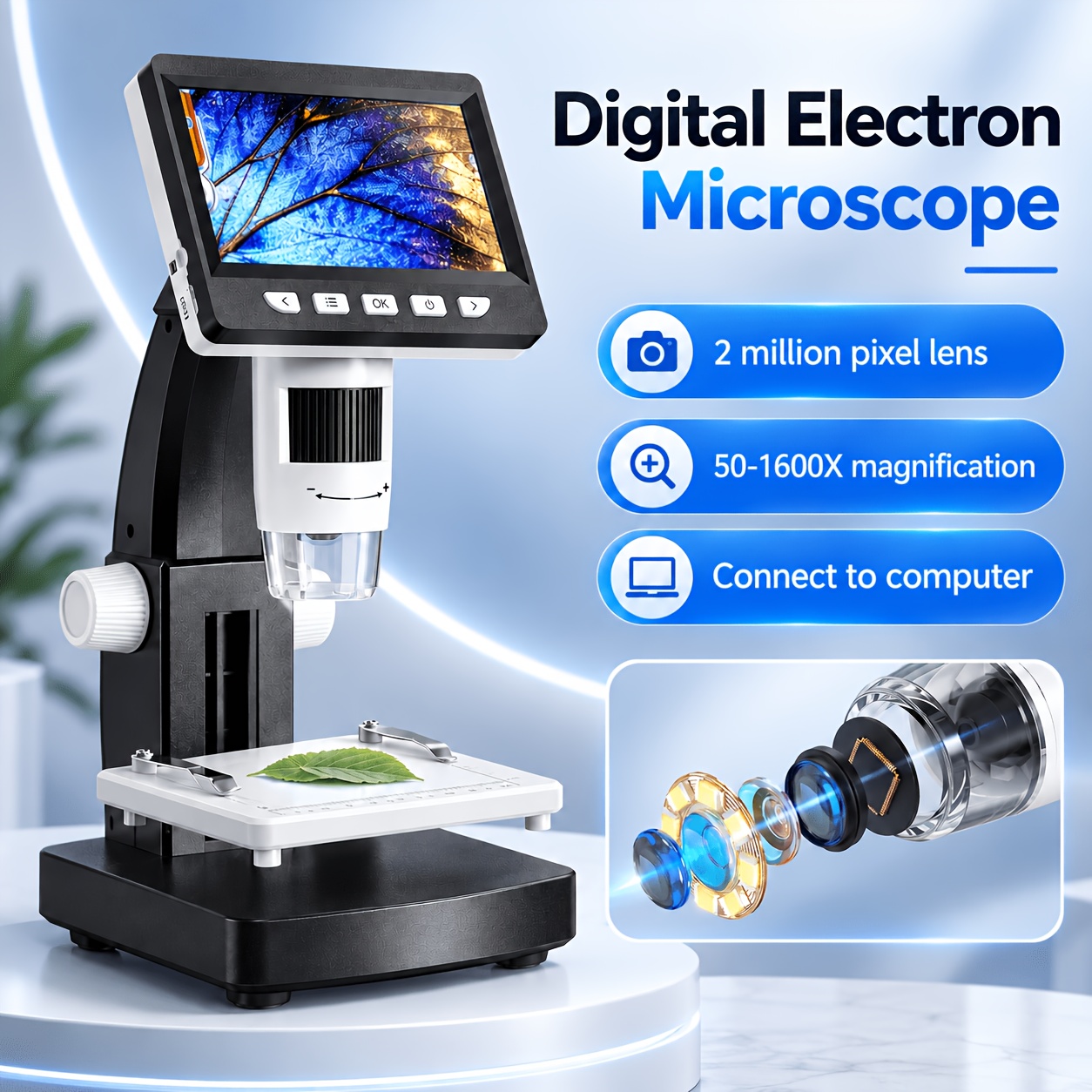 TEMU Microscopio digitale LCD IPS da 4,5'' con ingrandimento 1600X, microscopio per monete 1080P con 8 luci LED, lente d'ingrandimento USB per