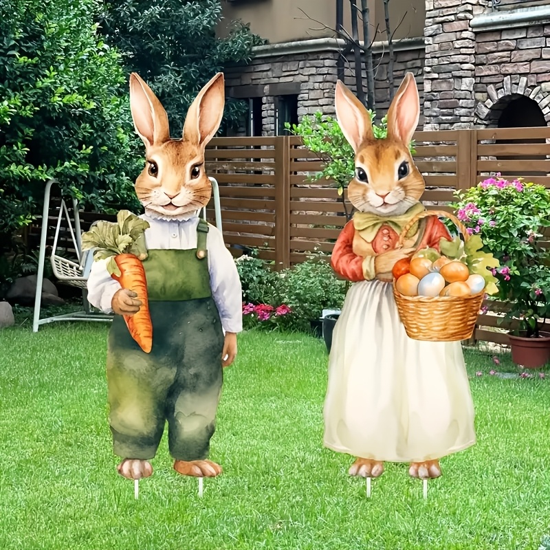 

2pcs Classic Easter Bunny & Egg Yard Decorations - Large, Plastic Rabbits With & Basket, Green Overalls Design For Outdoor Lawn Display, No Electricity Required, Easter