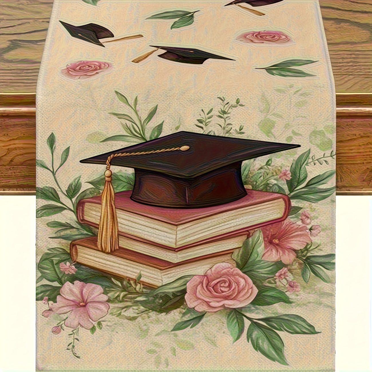 TEMU 1pièce Table Runner de de diplôme - Design floral et de livre élégant avec des roses roses, des feuilles et des casquettes de diplôme - Parfait