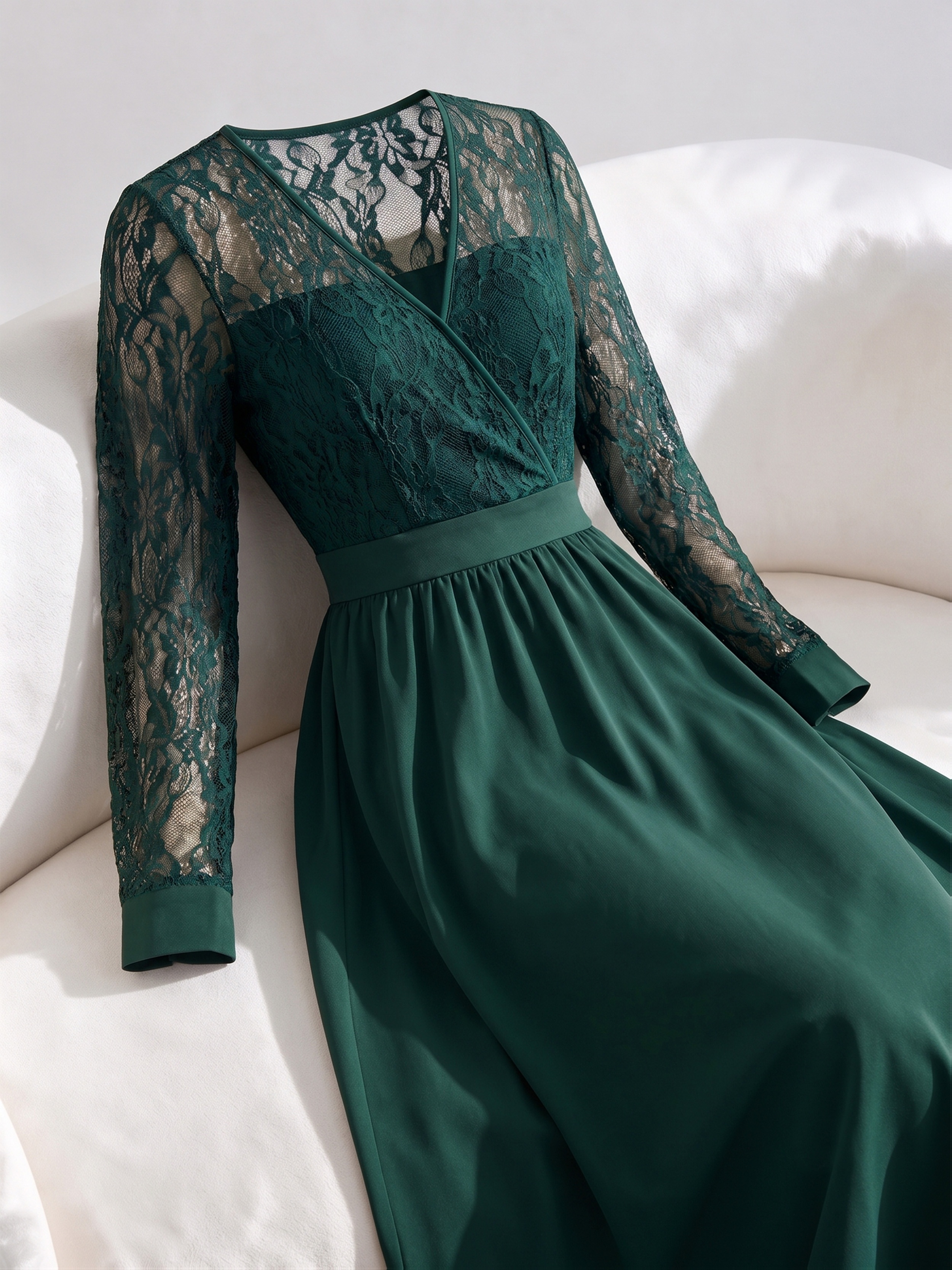 emerald green long sleeve lace dress Women's * Formal with Sheer V-Neck & A-Line Midi Skirt Bridesmaid dress 1st Communion Dresses Swedesboro NJ Black Prom Dress | this lace mini dress Size:AU 22