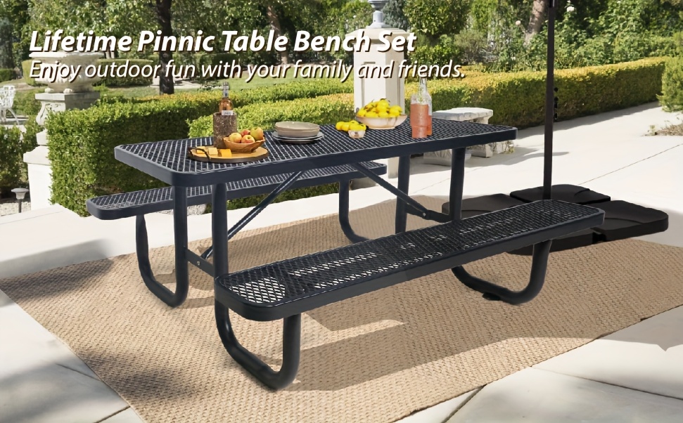 4/6FT Heavy-Duty Metal Picnic Tables For Outdoor, Rectangular Commercial 4-6-Person Picnic Tables With Bench, Expanded Picnic Table And Bench Set, Outside Furniture Set For Yard, Outside, Garden, Backyard, Porch, Patio, Lawn, Black, Weather Resistant