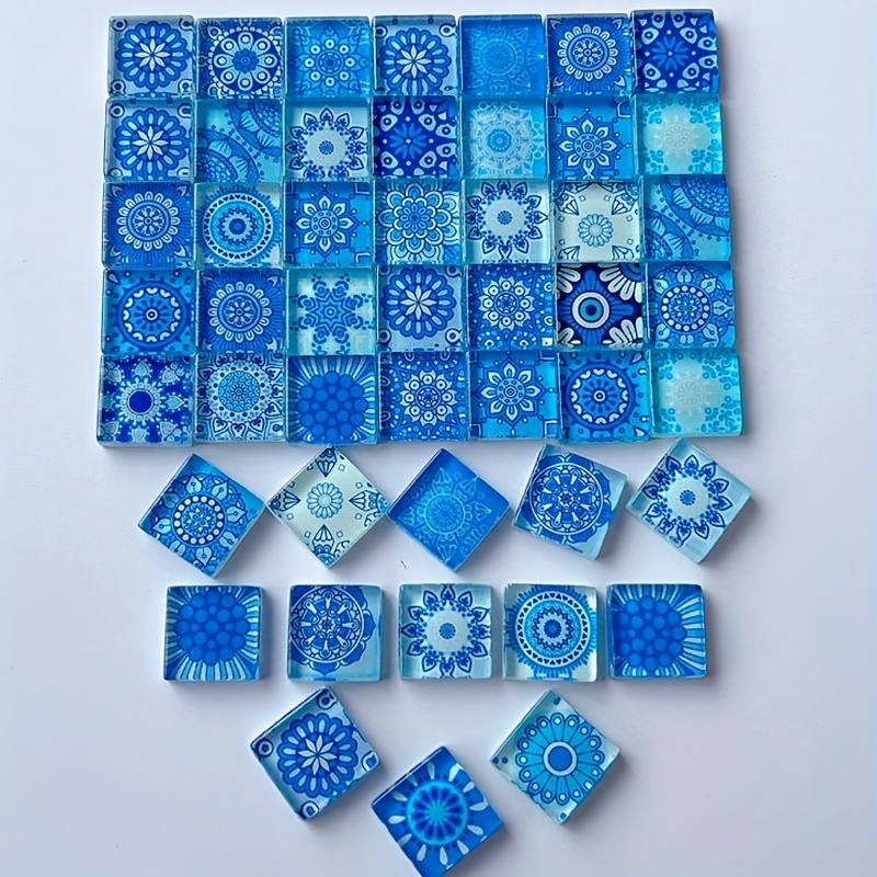 100g/3.53oz スタイル モザイクガラスタイル 鮮やかな青と白の複雑な花