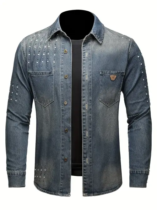 남성용 캐주얼 데님 셔츠, 17.30% 비스코스, 17.30% 폴리에스터, 65.7% 코튼, 긴 소매, 정규 핏, 올 시즌, 단색, 라펠 칼라, 싱글 브레스트, 스트레치되지 않은 소재, 세탁된 디테일, 정규 길이 -