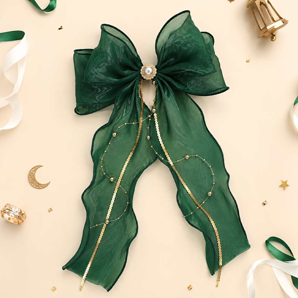 TEMU 1pc Pearls Bow Hair Clip For Women Elegant Organza Long Tail Hairpin Nonslip Clip Additions For Saudi National Day