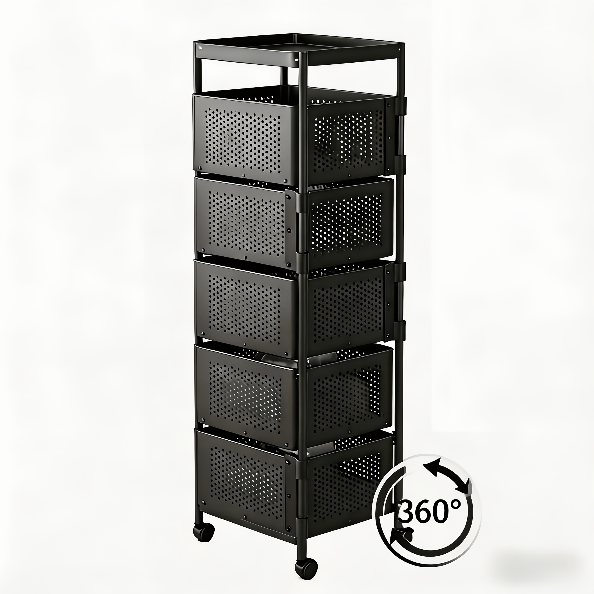 TEMU 5-tier Rotating Kitchen Storage Rack, Metal Fruit And Vegetable Storage Basket With Wheels, Floor-standing Storage Basket, Suitable For Kitchen And Bathroom, Square Vertical Storage Rack.